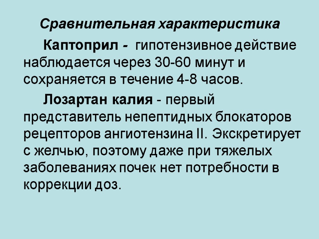 Сравнительная характеристика Каптоприл - гипотензивное действие наблюдается через 30-60 минут и сохраняется в течение